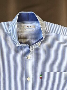 Fila Seersucker Men’s Blue & White Striped Button-Down Short Sleeve Shirt